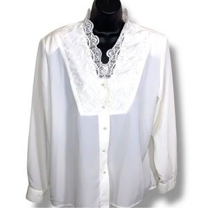 Vintage Size 10 Sellecca Ivory White Blouse Long Sleeve Lace Accent 80s Era